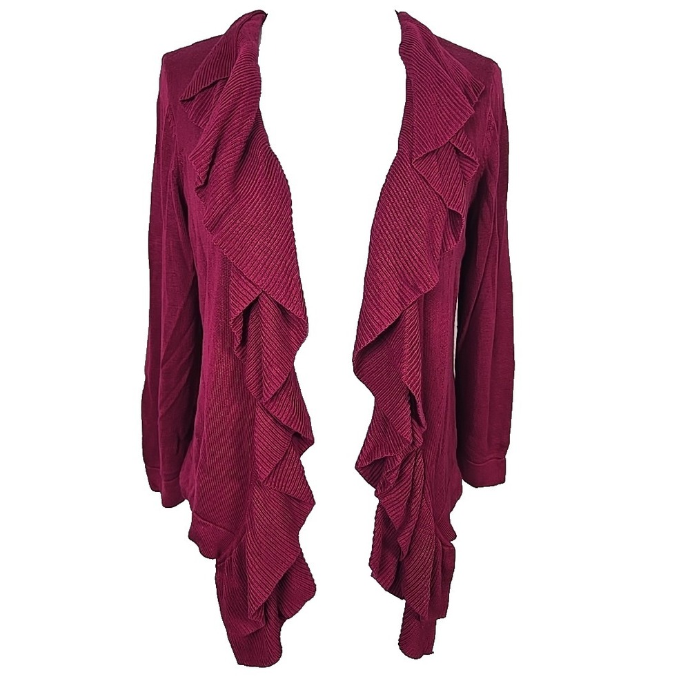89th & Madison Raspberry Knit Open-Front‎ 3/4 Sleeve Ruffle Sweater Medium M